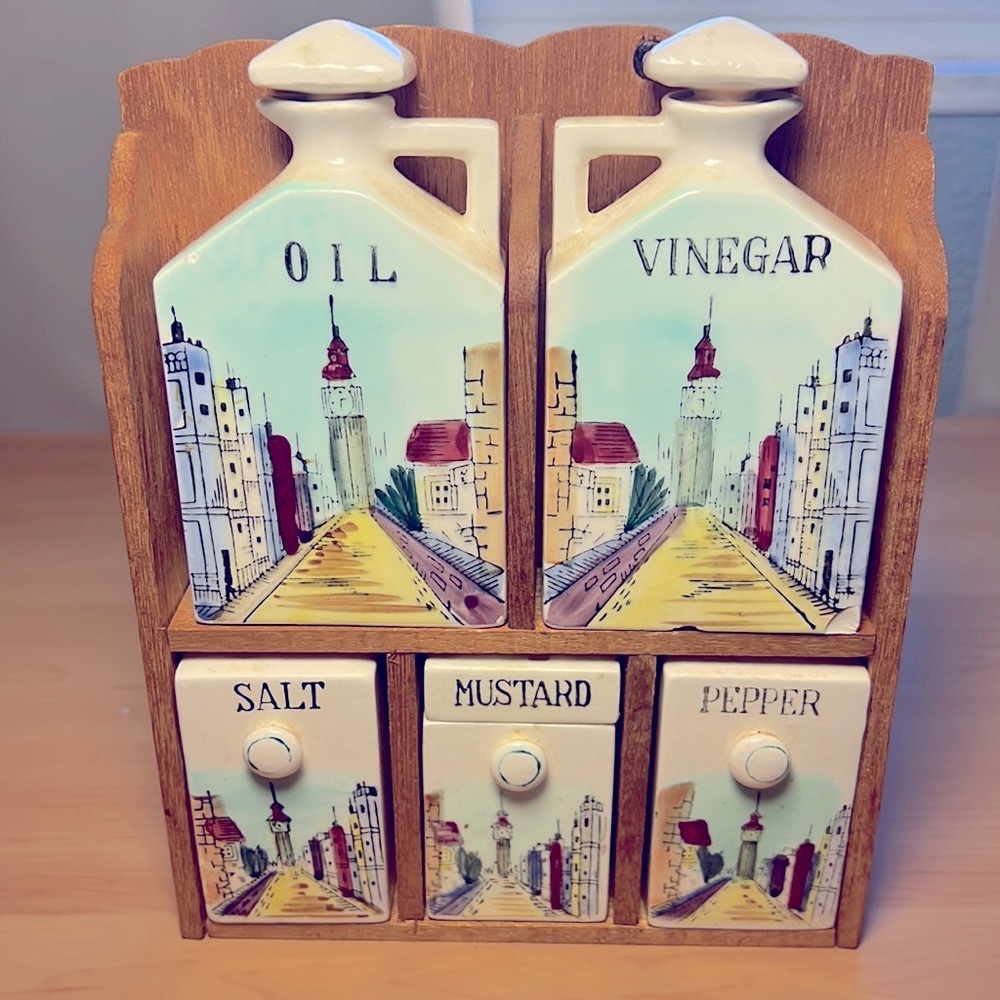 Vintage Japan Ceramic Condiments Jar Set Wooden Spice Rack Big Ben Hand Painted